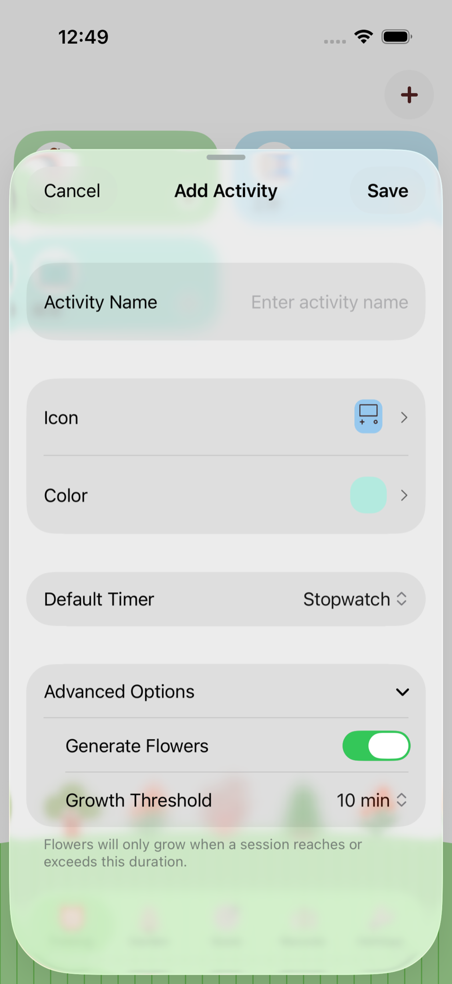 TimeGrow activity editor with Advanced Options expanded, showing Generate Flowers toggle and Growth Threshold picker