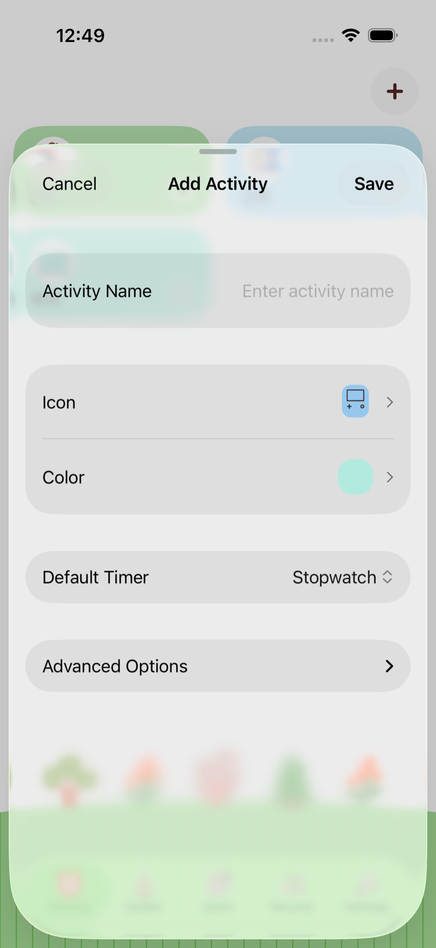 Add Activity form with the Advanced Options row collapsed
