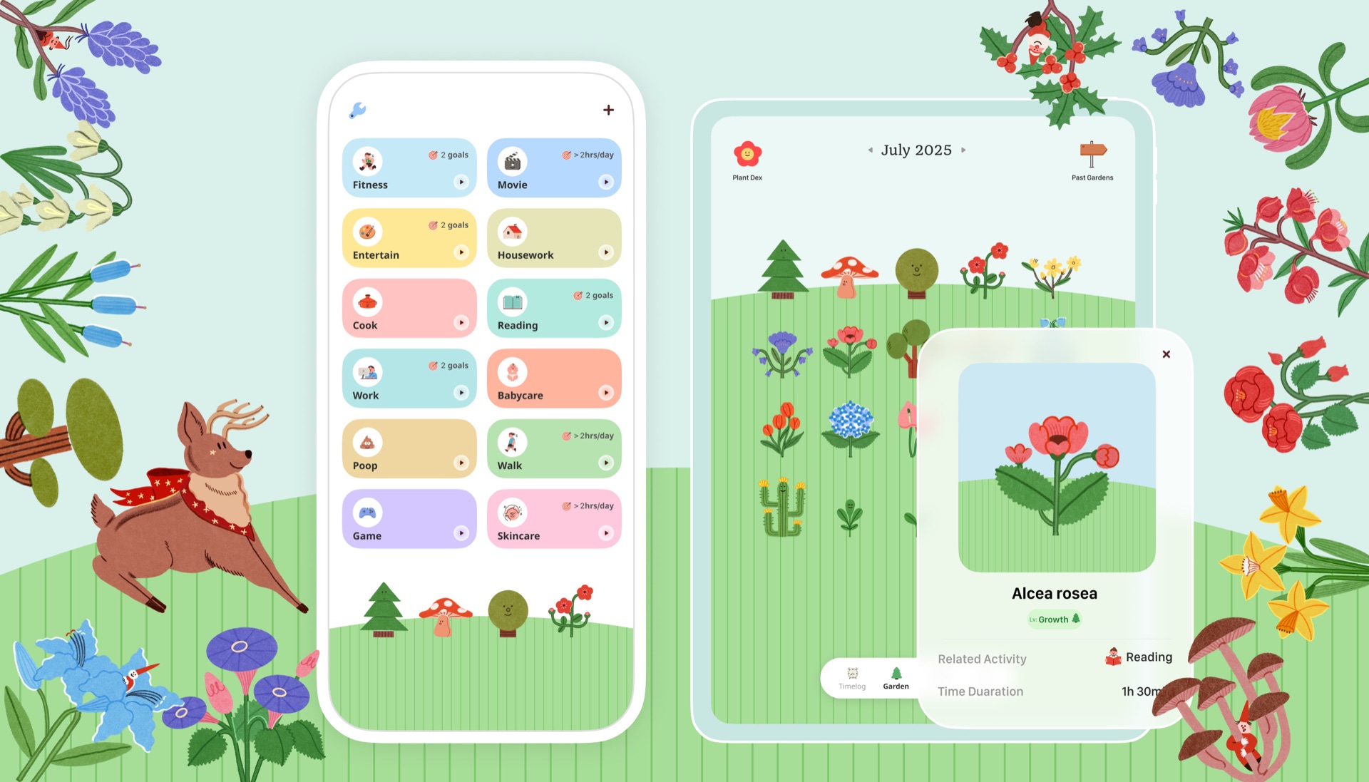 TimeGrow mobile app interface showing time tracking with garden theme