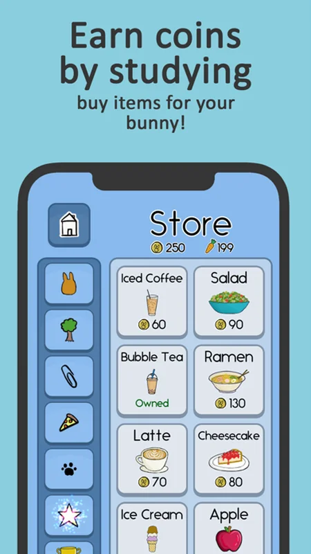 Study Bunny earning coins and buying items for bunny