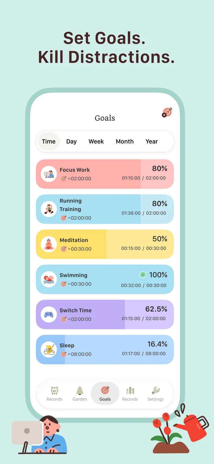 Low-Friction Focus Goals in TimeGrow - Build momentum with forgiving milestones